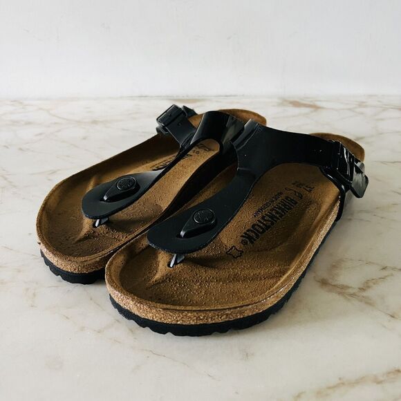 BIRKENSTOCK Gizeh Shiny Black Birko-Flor Slide Slippers - 37 EU - Picture 1 of 11